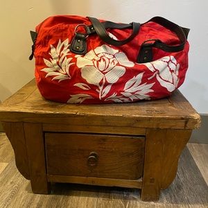 Anthropologie Red Weekender Duffel Bag with White Florals
